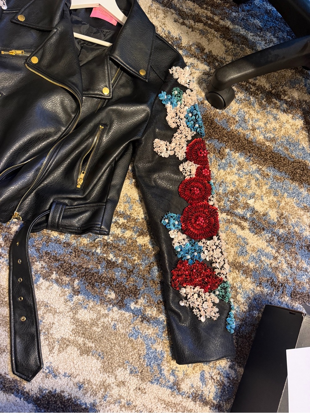 Embroidered Black Leather Jacket with Floral Accents - Picture 8 of 11